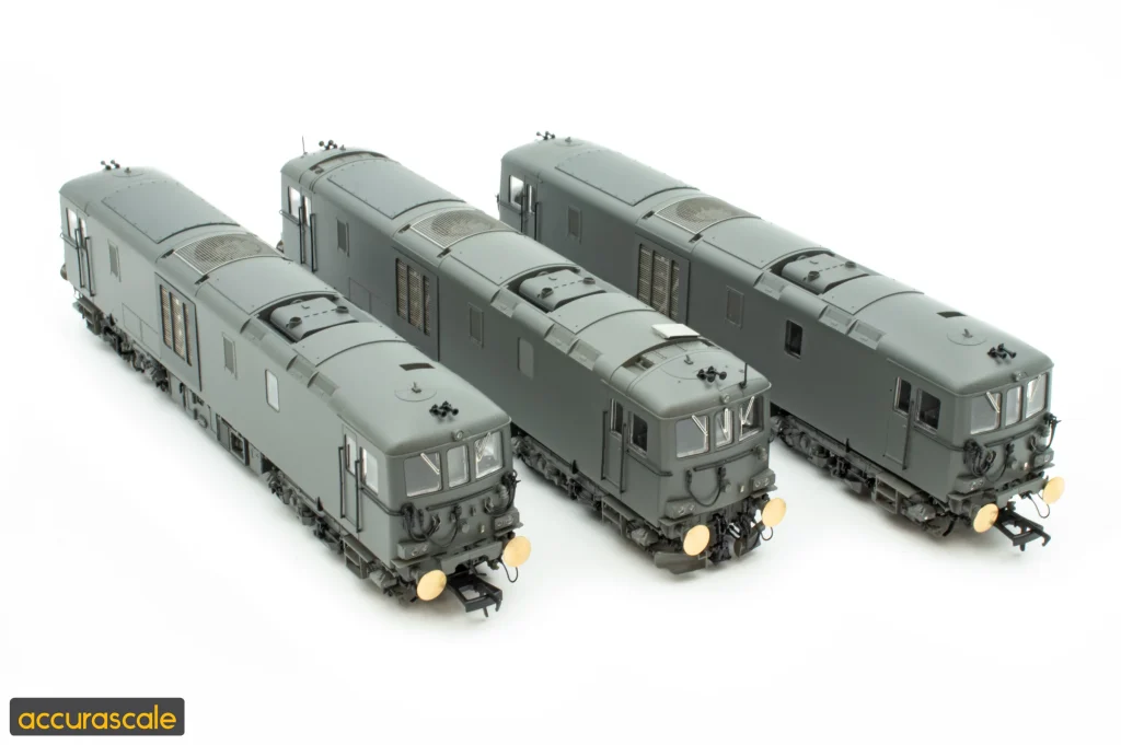 Elevated view of three Accurascale pre-production Class 73/9 models.